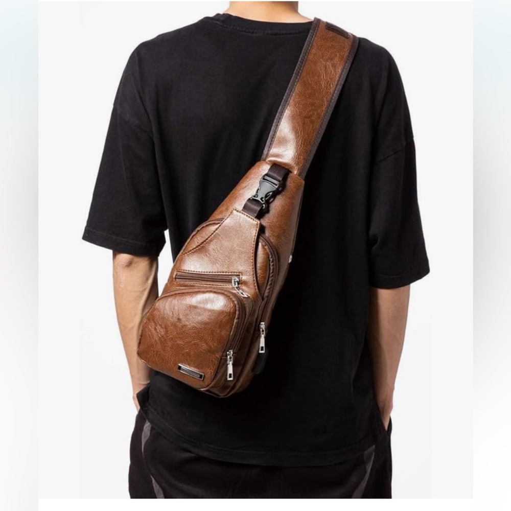 Brown leather sling crossbody bag